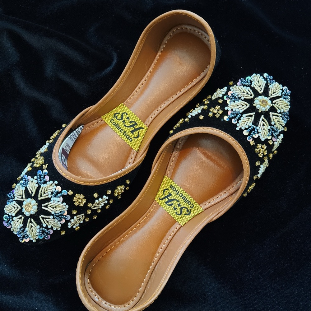 SH Collection Black Beaded Floral Flats with Tan Insole
